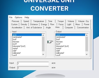 May include: A screenshot of a universal unit converter application. The interface displays input and output fields with options for various units like acres, centimeters, feet, and inches. The title "UNIVERSAL UNIT CONVERTER" is at the top.