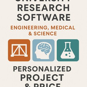 May include: An image with text promoting custom university research software. The text includes "Custom University Research Software," "Engineering, Medical & Science," and "Personalized Project & Price Quote." Icons of a bridge, brain, and flask are also present.