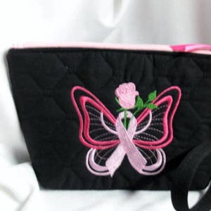 Embroidered Breast Cancer Awareness  Butterfly With A Pink Rose  Quilted  Purse / Wristlet / Smart phone Wristlet / Ready To Ship