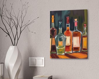 Artistic Wine Bottles Canvas Print, Home Bar Decor, Vintage Kitchen Wall Art, Cocktail Lounge Decor, Gift for Wine Lovers