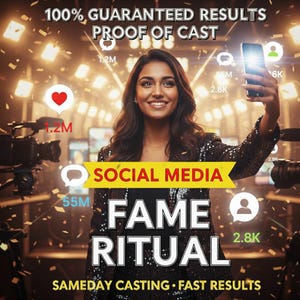 Könnte beinhalten: Eine Frau lächelt, während sie ein Smartphone hält, umgeben von Social-Media-Symbolen und Text. Das Bild enthält die Wörter "SOCIAL MEDIA", "FAME RITUAL" und "SAMEDAY CASTING". Der Hintergrund zeigt Lichter und Konfetti.