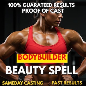 Peut inclure: Une personne musclée portant un soutien-gorge de sport rouge. Le texte sur l'image indique : "100% GUARANTEED RESULTS PROOF OF CAST BODYBUILDER BEAUTY SPELL SAMEDAY CASTING FAST RESULTS".