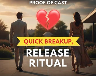 May include: Image with text: "100% GUARANTEED RESULTS, PROOF OF CAST, QUICK BREAKUP, RELEASE RITUAL, SAMEDAY CASTING, FAST RESULTS." A broken red heart floats between a man and woman walking away from each other. The background shows a sunset.