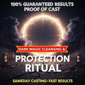 Może przedstawiać: Grafika cyfrowa z tekstem "100% GUARANTEED RESULTS PROOF OF CAST." Jasny pierścień światła otoczony jest ciemnymi chmurami. Słowa "DARK MAGIC CLEANSING & PROTECTION RITUAL" są wyraźnie wyświetlane. Tekst "SAMEDAY CASTING • FAST RESULTS" znajduje się na dole.