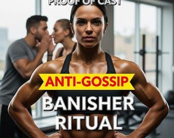 Könnte beinhalten: Das Bild zeigt eine Frau in einem schwarzen Sport-BH mit dem Text "ANTI-GOSSIP BANISHER RITUAL". Der Text "100% GUARANTEED RESULTS PROOF OF CAST" steht oben. Der Satz "SAMEDAY CASTING FAST RESULTS" steht unten. Zwei Personen sind im Hintergrund unscharf.