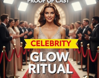 May include: An image of a woman in a sparkling gown on a red carpet, surrounded by people in formal attire. The text "CELEBRITY GLOW RITUAL" is prominently displayed, with additional text above and below, including "100% GUARANTEED RESULTS" and "SAMEDAY CASTING FAST RESULTS."