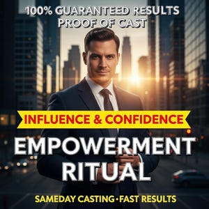 Könnte beinhalten: Ein Mann im Anzug steht vor einer Stadtlandschaft. Das Bild enthält den Text: "100% GARANTIERTE ERGEBNISSE, BEWEIS DES CASTS, EINFLUSS & SELBSTVERTRAUEN, EMPOWERMENT RITUAL, SAMEDAY CASTING, SCHNELLE ERGEBNISSE."
