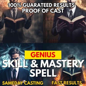 Può includere: Immagine composita con un uomo in giacca e cravatta che tiene un libro. Il testo include "RISULTATI GARANTITI AL 100% PROVA DEL CAST", "GENIO ABILITÀ E PADRONANZA INCANTESIMO", "CASTING IN GIORNATA" e "RISULTATI VELOCI". Tema mistico.