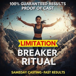May include: An image with the text "100% GUARANTEED RESULTS PROOF OF CAST" at the top. Below is a woman with her arms outstretched. The text "LIMITATION BREAKER RITUAL" is in the center. The text "SAMEDAY CASTING • FAST RESULTS" is at the bottom.