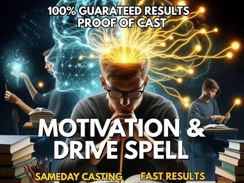 May include: An image with the text "100% GUARANTEED RESULTS PROOF OF CAST MOTIVATION & DRIVE SPELL SAMEDAY CASTING FAST RESULTS". The image shows a person with glasses, and a glowing brain with energy lines.