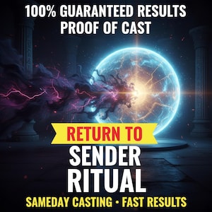 Pode incluir: Arte digital com um orbe azul brilhante com um centro brilhante, rodeado por energia roxa e preta em redemoinho. O texto inclui "100% GUARANTEED RESULTS" e "RETURN TO SENDER RITUAL". O fundo tem pilares e uma atmosfera escura e mística.