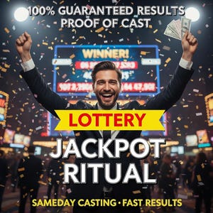Puede incluir: Un hombre con traje celebra con dinero en el aire, confeti cayendo a su alrededor. El texto dice "RITUAL DE JACKPOT DE LOTERÍA" con texto adicional: "RESULTADOS 100% GARANTIZADOS - PRUEBA DE REPARTO" y "REPARTO EL MISMO DÍA • RESULTADOS RÁPIDOS."