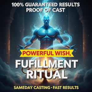 Może przedstawiać: Cyfrowa grafika przedstawiająca muskularną niebieską postać z świecącą energią, z wyciągniętymi ramionami. Tekst zawiera "100% GUARANTEED RESULTS", "POWERFUL WISH, FULFILLMENT RITUAL" i "SAMEDAY CASTING • FAST RESULTS". Na dole lampa dżina.
