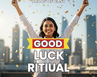 May include: A woman with arms raised, smiling, with confetti falling. Text reads "100% GUARANTEED RESULTS PROOF OF CAST" and "GOOD LUCK RITUAL". Additional text at the bottom says "SAMEDAY CASTING • FAST RESULTS".