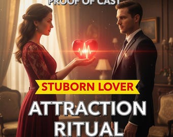 May include: An image with text that reads "100% GUARANTEED RESULTS PROOF OF CAST STUBORN LOVER ATTRACTION RITUAL SAMEDAY CASTING FAST RESULTS". A woman in a red dress holds a glowing heart towards a man in a suit.
