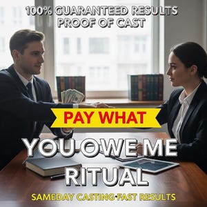 Pode incluir: Imagem com texto que diz "100% GUARANTEED RESULTS PROOF OF CAST". O texto "PAY WHAT YOU OWE ME RITUAL" está no centro. O texto "SAMEDAY CASTING FAST RESULTS" está na parte inferior. Duas pessoas apertam as mãos sobre uma mesa.