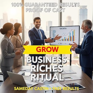 Puede incluir: Una reunión de negocios con varias personas en trajes. Una pantalla muestra un gráfico de crecimiento. El texto de la imagen dice "100% GUARANTEED RESULTS, PROOF OF CAST, GROW, BUSINESS RICHES RITUAL, SAMEDAY CASTING + FAST RESULTS."