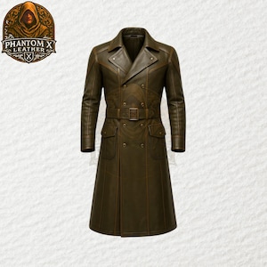 Hellfront Command Leather Combat Long Coat | Green & Brown Officer Overcoat | Urban Warfare Veteran Gear | Battle-Ready Men’s Trench Jacket
