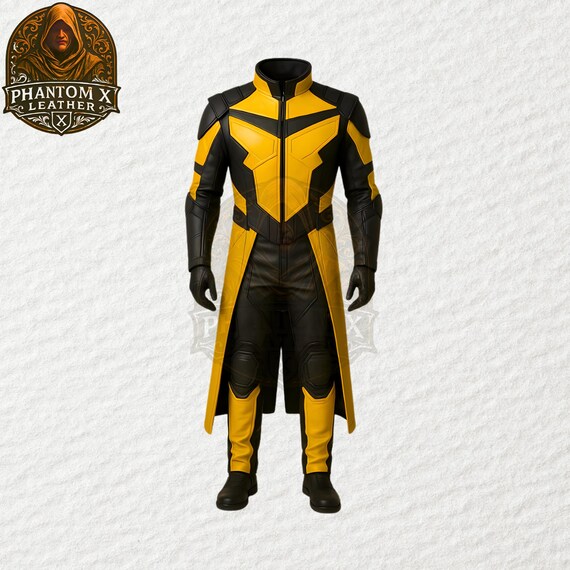 Strike Yellow & Black Tactical Leather Costume | Battle Commander Armored Cosplay Robe | Elite Combat Overcoat