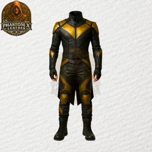 Ruthless Dystopian Leather Vicious Battle Costume | Jet Black & Golden Raider Overcoat | Gothic Warrior Combat Commander Suit | Fighter Gear