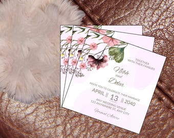Floral Wedding Invitation Template | Editable Pink Watercolor Invite | Digital Download | Elegant Printable Marriage Card