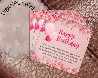Pink Birthday Card Template | Digital Download | Happy Birthday Printable Greeting | Cute Balloon Birthday Design