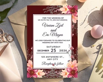 Invitación de boda / Tarjeta de boda floral de invierno / Elegante invitación de boda festiva / Plantilla imprimible / Descarga digital