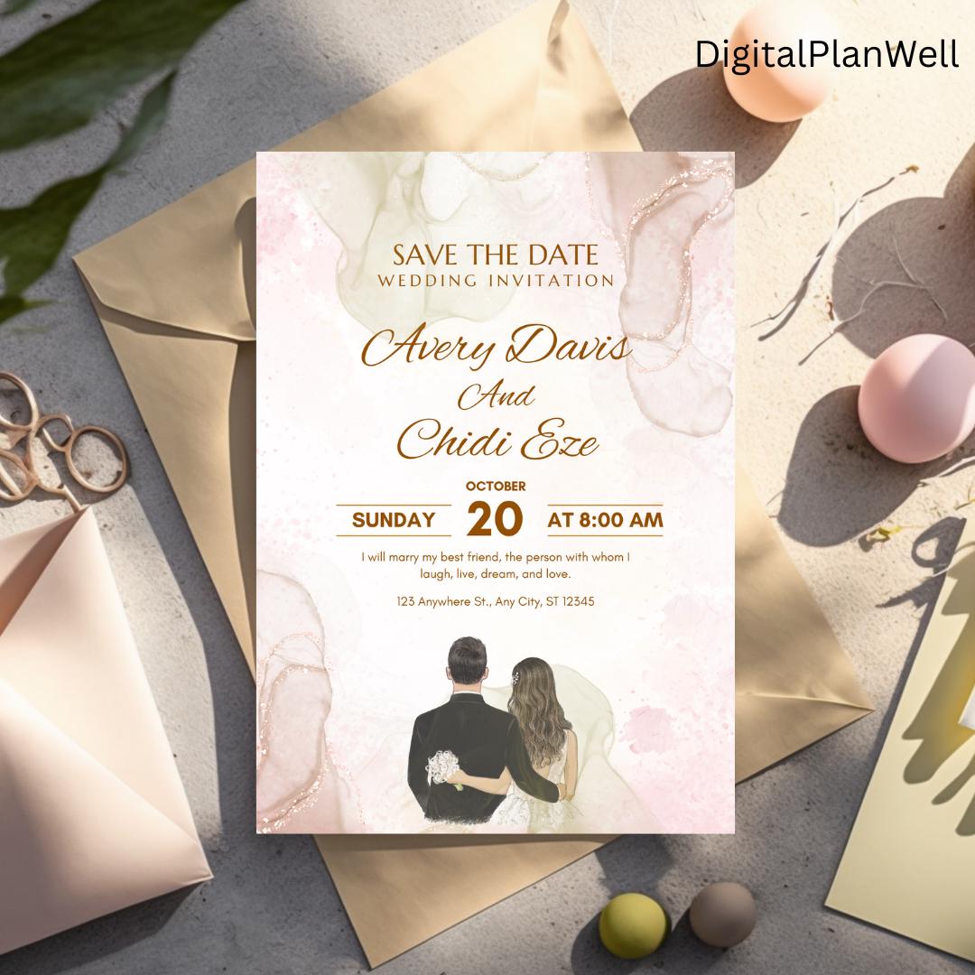 Invitación de boda con fecha de reserva / Tarjeta elegante en tonos rubor y dorado / Invitación de boda digital personalizada / Plantilla imprimible para guardar la fecha