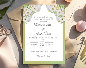 Plantilla de invitación de boda floral editable, invitación de boda imprimible con vegetación, tarjeta de boda rústica bohemia, descarga digital en PDF