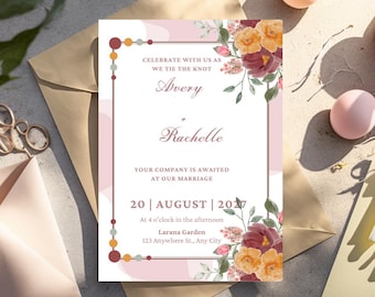 Plantilla de invitación de boda con acuarela floral / Invitación digital editable / Tarjeta de boda moderna y elegante / Descarga instantánea en PDF imprimible