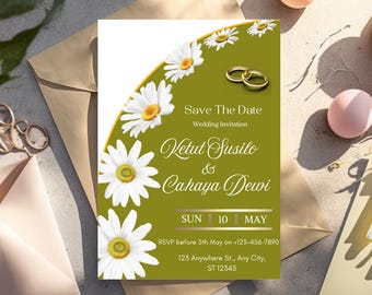 Invitación de boda con margaritas / Tarjeta floral para guardar la fecha / Invitación de boda imprimible / Diseño botánico verde y blanco / Descarga digital