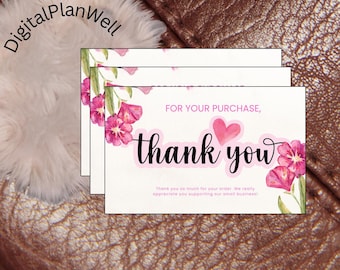 Printable Thank You Card for Orders | Small Business Watercolor Note | Pink Floral Digital Download | Customer Appreciation Card