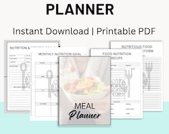 Nutrition Planner Printable, Meal & Diet Tracker PDF, Grocery List, Food Journal, 30-Day Challenge And Health Log Checklist