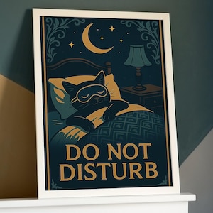 Decorazione murale vintage con gatto assonnato - Stampa per camera da letto in stile Art Nouveau "Non disturbare" - Poster retrò con gatto per gli amanti dei gatti - Decorazione murale Cozy Dark Academia