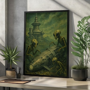 Alien Planet Picture, Outer Space Galaxy Poster, Nebula Solar System Sci-Fi Wall Art, Astronauts Print, Spaceship UFO Futuristic Wall Decor