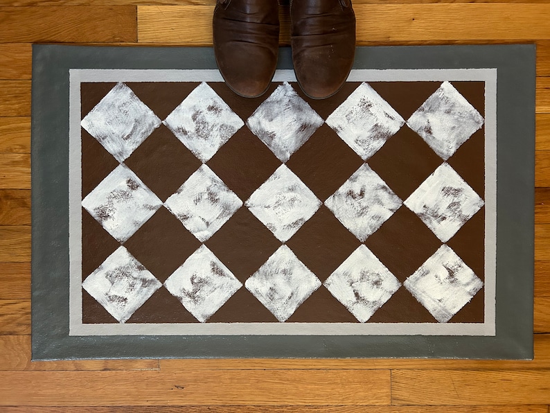 Faded Checkerboard Rug Hand Painted Canvas 19.5” X 31” Dark Brown and White Checker Rug ...