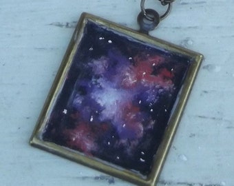 Wearable Art Handpainted Oil Painting Space Nebula Bronze Tone Square Pendant
