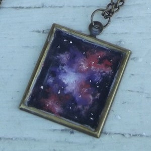 Wearable Art Handpainted Oil Painting Space Nebula Bronze Tone Square Pendant image 1