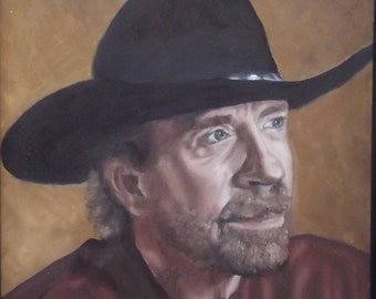 Chuck Norris Cowboy Original Oil Painting Portrait on 8x8" Wood Panel