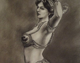 Vashti Exotic Dancer Matted Print of Original Charcoal drawing Amy VanGaasbeck