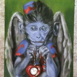 May include: A blue monkey with wings wearing a red and blue hat holds a red heart-shaped pocket watch with a white face and black hands.