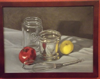 Ball Jar and Pomegranate Original Still Life Oil Painting 12x16 Framed
