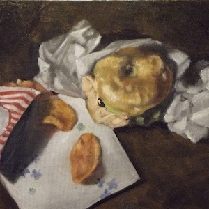 May include: A still life painting of a white napkin, a red and white striped fabric, two orange slices, and a bagel on a white tablecloth.