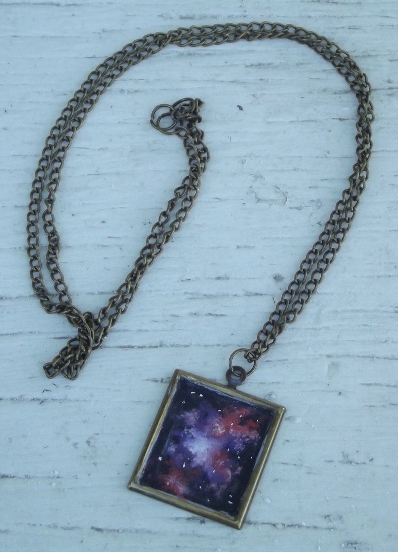 Wearable Art Handpainted Oil Painting Space Nebula Bronze Tone Square Pendant image 2