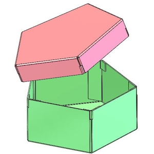 May include: A two-tone box with a pink lid and a green base. The lid is open, revealing the interior of the box. The box is made of a rigid material and has a geometric design. The box is likely for storage or packaging.