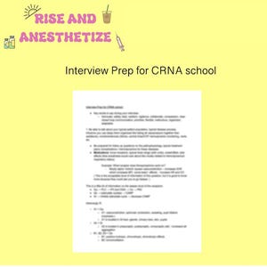 May include: A yellow background with the text "RISE AND ANESTHETIZE" in pink and green. Below, the text "Interview Prep for CRNA school" is displayed. The image includes illustrations of a sun, a drink, a syringe, and medical bottles.