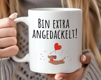 Cute dachshund mug for birthday, ceramic mug with dachshund design and balloon, gift idea dachshund motif for colleague & girlfriend