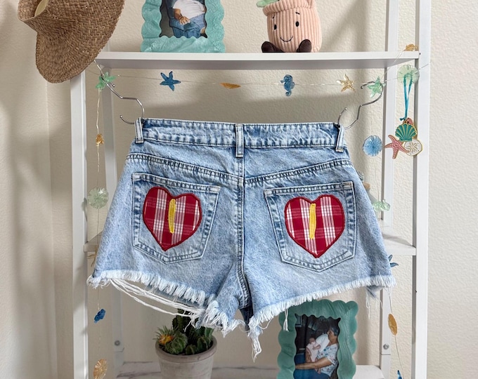 Upcycled Denim Shorts with Red Anthurium Palaka Fabric Design. Cute, Red, Handmade Patchwork