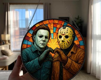 Funny Michael Myers and Jason Stained Glass Suncatcher, Horror Hallloween Glass Suncatcher, Horror Movie Window Hanging, Horror Friend