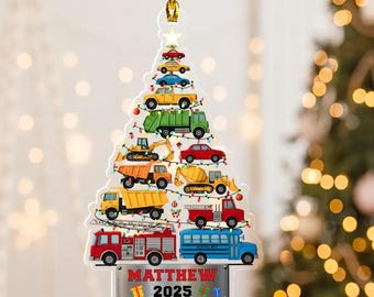 Adorno navideño personalizado de camiones: recuerdo navideño de vehículo en acrílico, adorno navideño 2025 para niños, adorno de vehículo